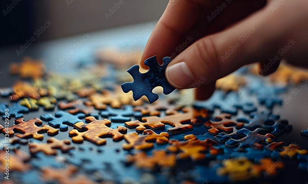 Hand Holding Puzzle Piece Over Colorful Jigsaw Puzzle Background Hand Holding Puzzle Piece Over Colorful Jigsaw Puzzle Background