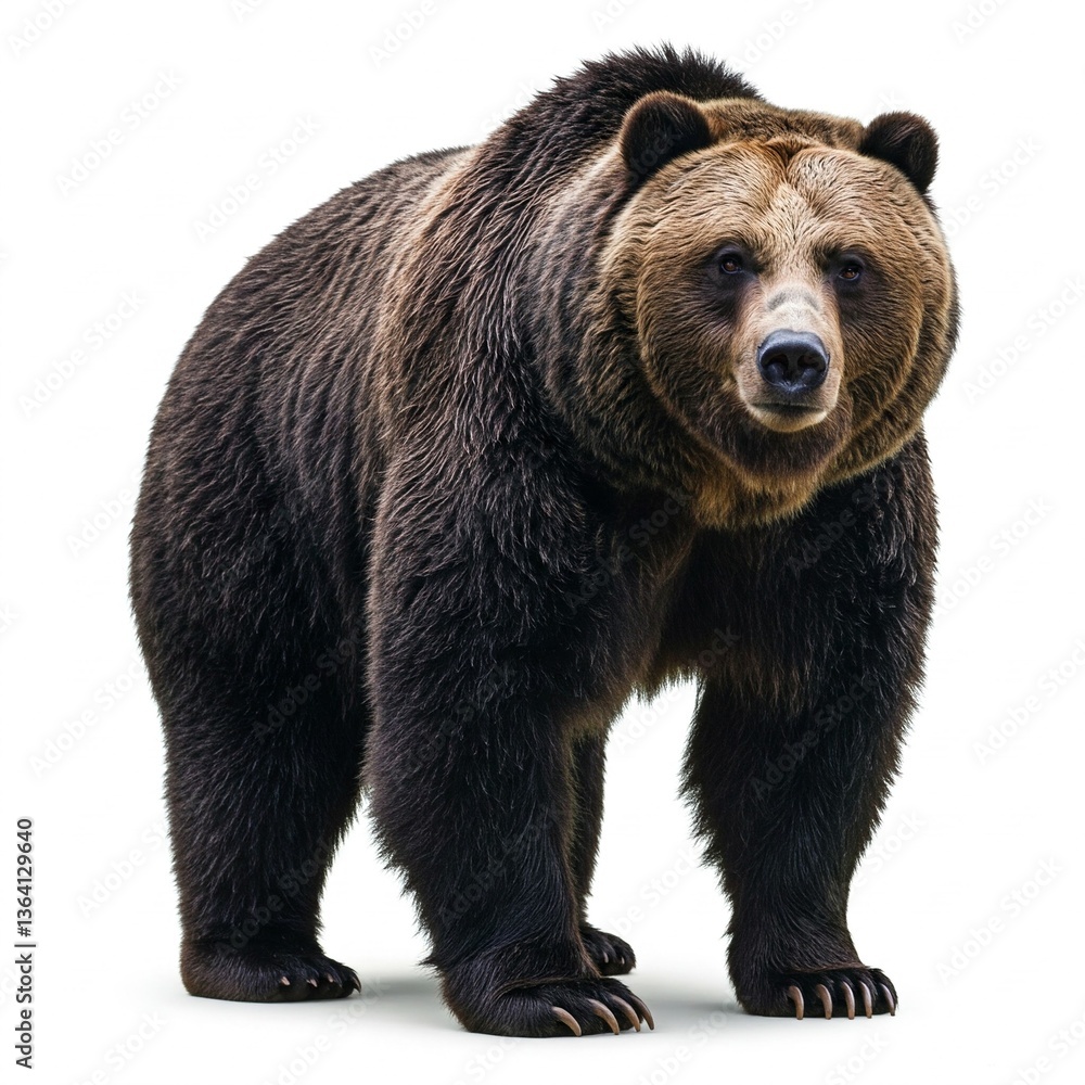 Fototapeta premium Large grizzly bear walking isolated on white background, perfect for educational content, nature conservation awareness, and wildlife-inspired designs 