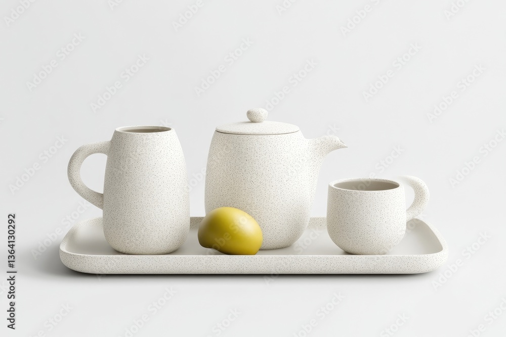 Minimalist white ceramic tea set on a tray with a yellow fruit Minimalist white ceramic tea set on a tray with a yellow fruit