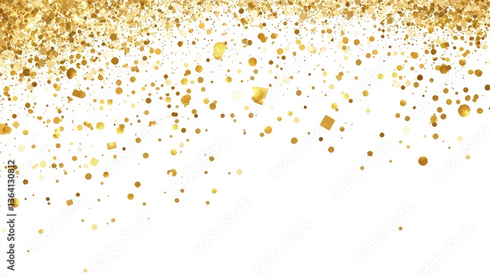 Gold confetti falling on a white background. A celebratory, festive, and glittery design element Gold confetti falling on a white background. A celebratory, festive, and glittery design element
