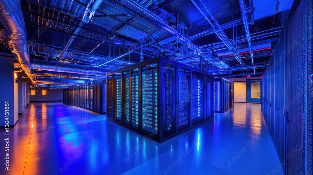 Illuminated modern data center featuring servers and vibrant neon blue reflections