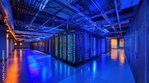 Obraz na płótnie Illuminated modern data center featuring servers and vibrant neon blue reflections w salonie