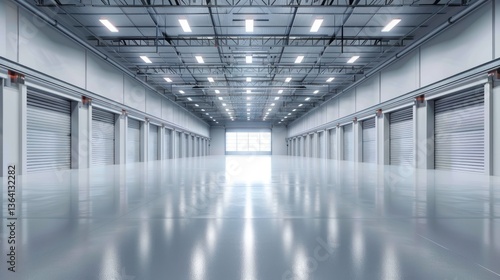 Clean and well-lit warehouse interior showcasing storage efficiency. minimalist 