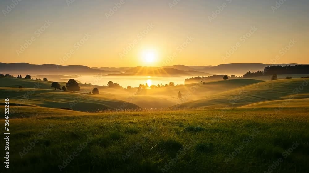 Sunrise over misty valley, rolling hills, vibrant green fields Sunrise over misty valley, rolling hills, vibrant green fields