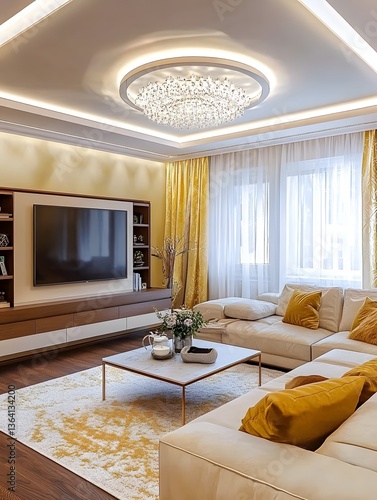 A modern living room with luxurious furniture and stylish lighting