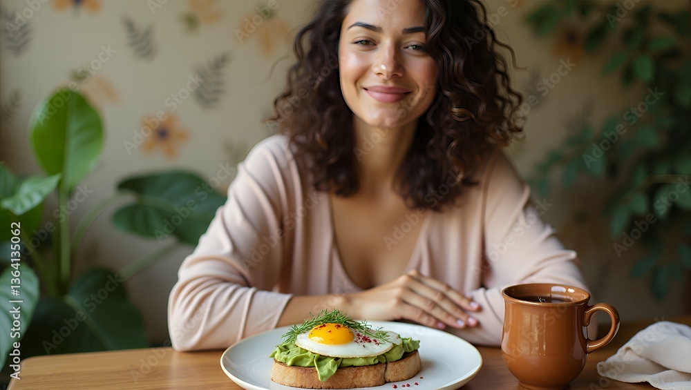 Smiling woman with avocado toast and a coffee mug at a table Smiling woman with avocado toast and a coffee mug at a table