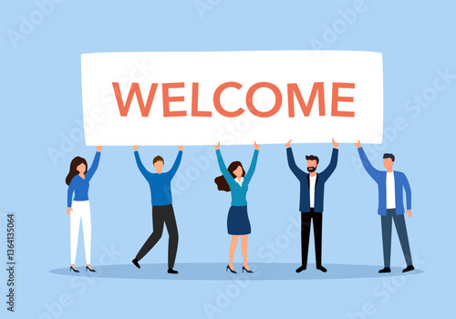 Group of people holding welcome sign with cheerful greetings in flat design. People welcoming concept.