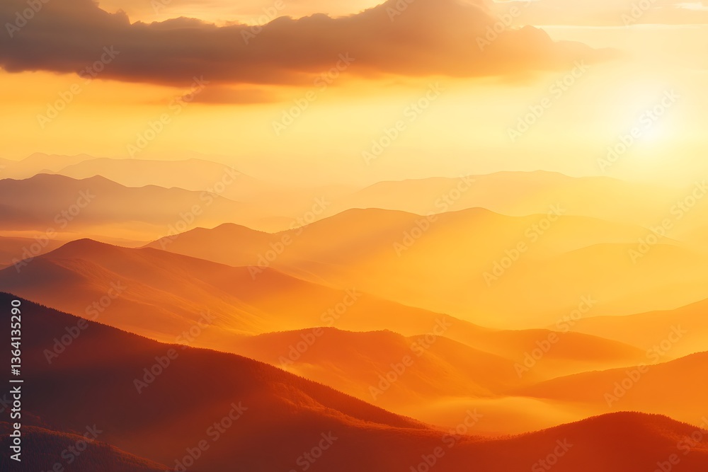 Golden sunrise illuminating rolling mountain ranges across vast landscape horizons Golden sunrise illuminating rolling mountain ranges across vast landscape horizons