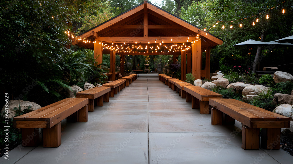 Wooden Benches Line a Lit Pathway in a Serene Outdoor Garden Wooden Benches Line a Lit Pathway in a Serene Outdoor Garden