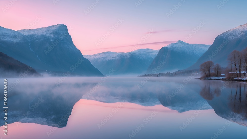 Mountain range reflected in serene lake, shrouded in morning mist