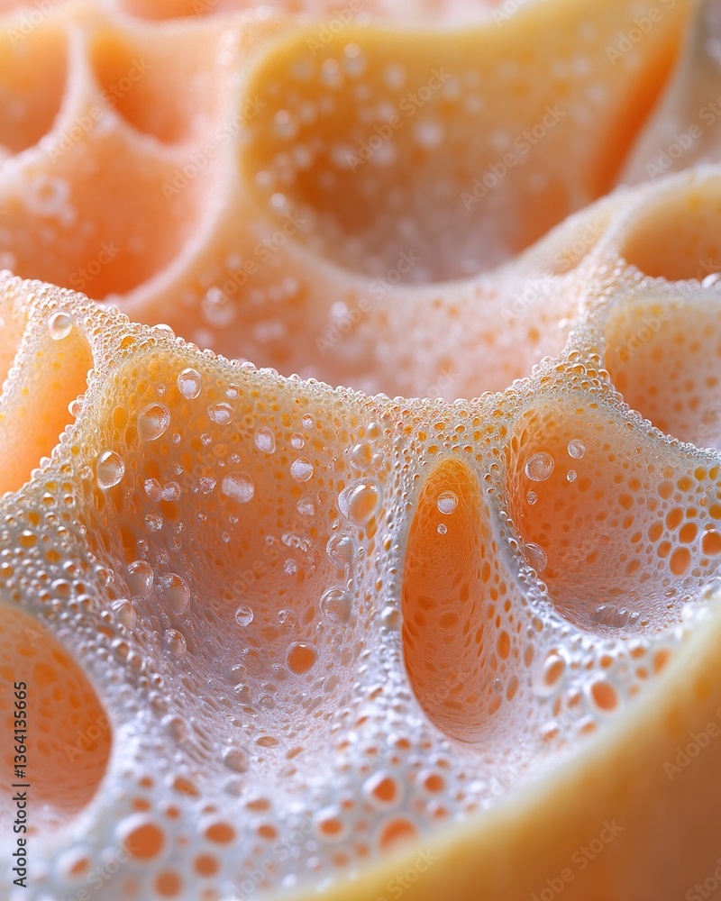 Close up of a porous object covered in bubbles and water drops Close up of a porous object covered in bubbles and water drops