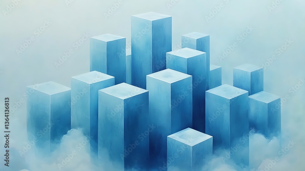 Surreal Blue Blocks in Cloudy Cityscape, Surreal image of tall blue rectangular blocks emerging from clouds, creating an ethereal cityscape Surreal Blue Blocks in Cloudy Cityscape, Surreal image of tall blue rectangular blocks emerging from clouds, creating an ethereal cityscape