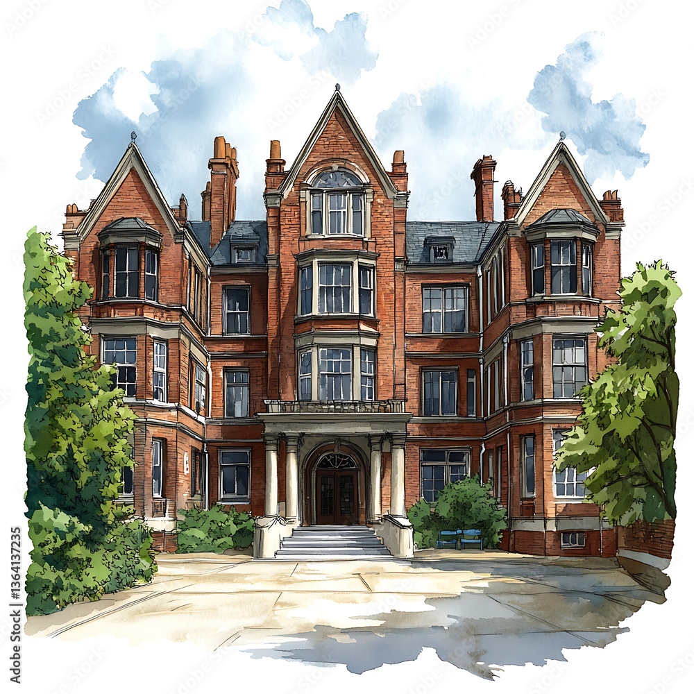 Obraz premium Grand Brick Mansion Architectural Illustration of a Historic Building. A detailed illustration showcases a classic brick building with lush landscaping.