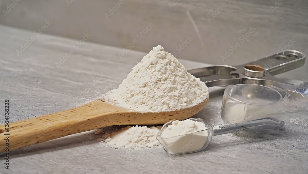 Flour on a wooden spoon with measuring tools Flour on a wooden spoon with measuring tools