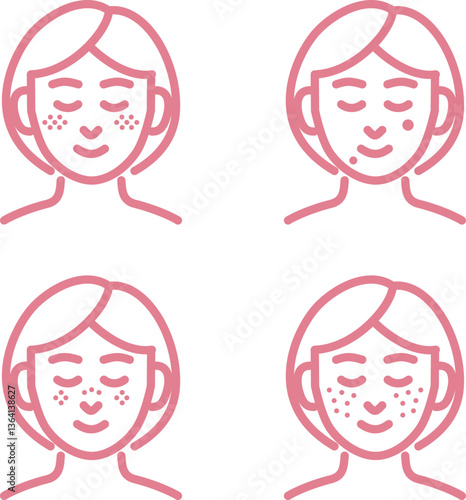 美容　肌　シミ　医療　治療　美容医療　人物　女性　ラインアイコン　線　シンプル　イラスト素材セット