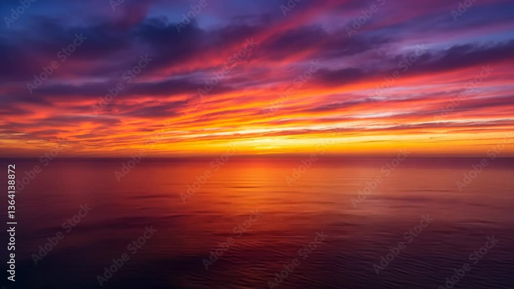 Vibrant sunset over calm ocean, fiery sky Vibrant sunset over calm ocean, fiery sky