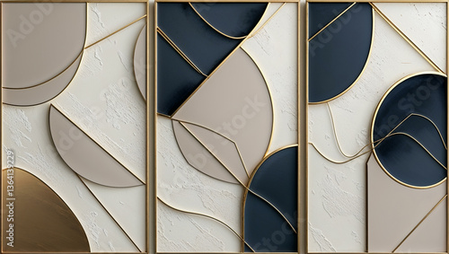 A stylish triptych wall art showcasing abstract geometric patterns in muted tones of beige, deep navy, and metallic gold.
