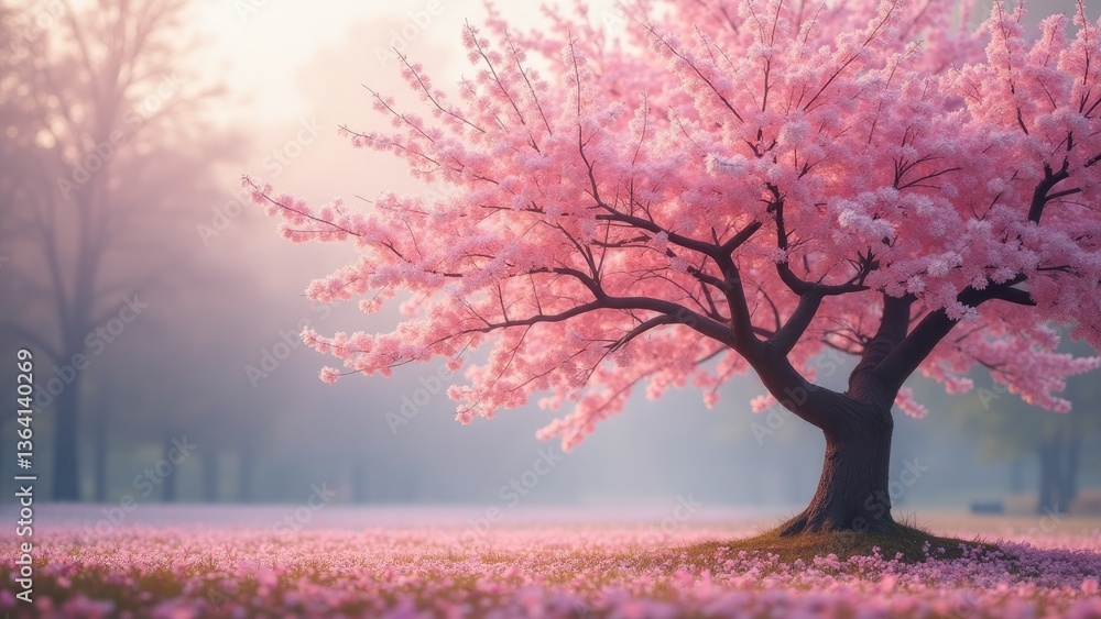 Fototapeta premium A Lone Japanese Maple Tree Cherry Blossoms in Spring
