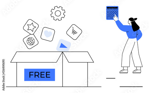 Woman holding calculator, open box marked FREE with floating app icons and gear. Ideal for business, digital marketing, innovation, app development, tech solutions, ecommerce, subscription services