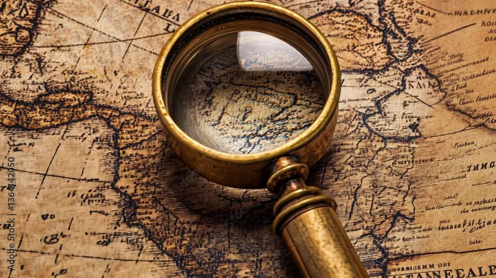 Magnifying glass on antique world map Magnifying glass on antique world map