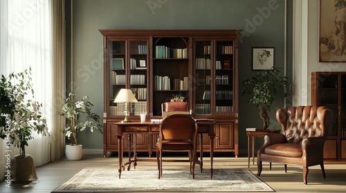 Elegant, antique-style study with wooden bookcase, desk, and leather armchair. Sunlight streams in through large windows.