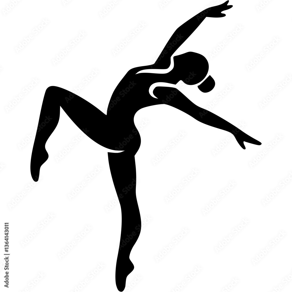 Sport emblem of girl gymnast stands gracefully on one leg while performing a floor routine on mat in monochrome. Engraving minimalistic vector in black ink drawing on transparent background Sport emblem of girl gymnast stands gracefully on one leg while performing a floor routine on mat in monochrome. Engraving minimalistic vector in black ink drawing on transparent background