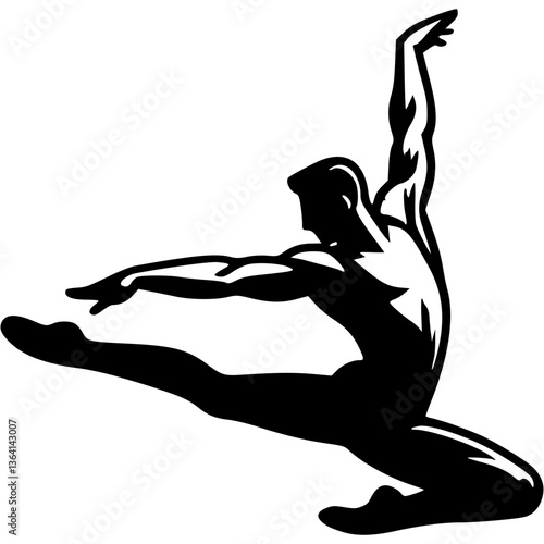 Sport emblem of ballerina man in dance jump in monochrome. Engraving minimalistic vector in black ink drawing on transparent background
