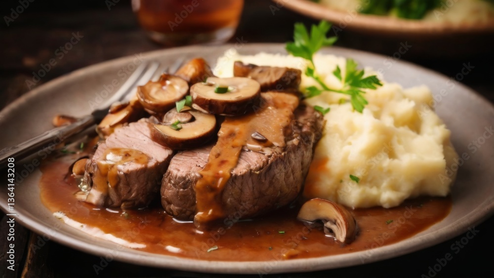 Beef Tenderloin with Mashed Potatoes and Mushroom Sauce on Gray Plate Delicious and Cozy Dinner Setting Beef Tenderloin with Mashed Potatoes and Mushroom Sauce on Gray Plate Delicious and Cozy Dinner Setting