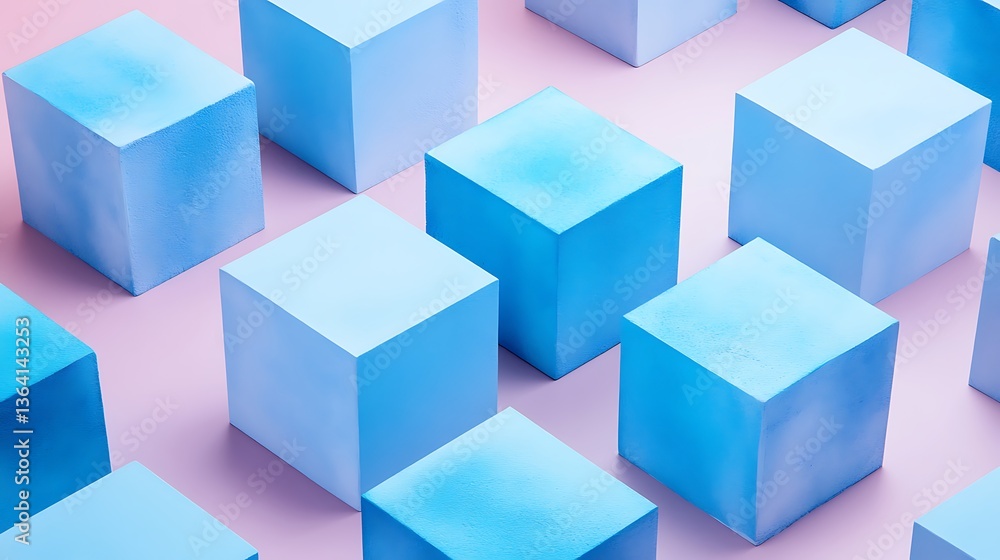 Surreal Blue Blocks in Cloudy Cityscape, Surreal image of tall blue rectangular blocks emerging from clouds, creating an ethereal cityscape