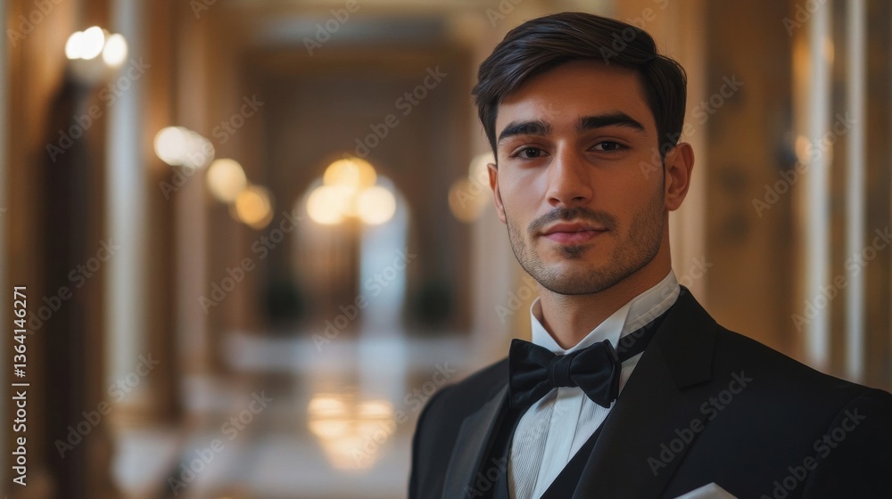 Fototapeta premium Portrait of Elegant Man in Black Suit and Bow Tie In a Classic Gallery Hallway