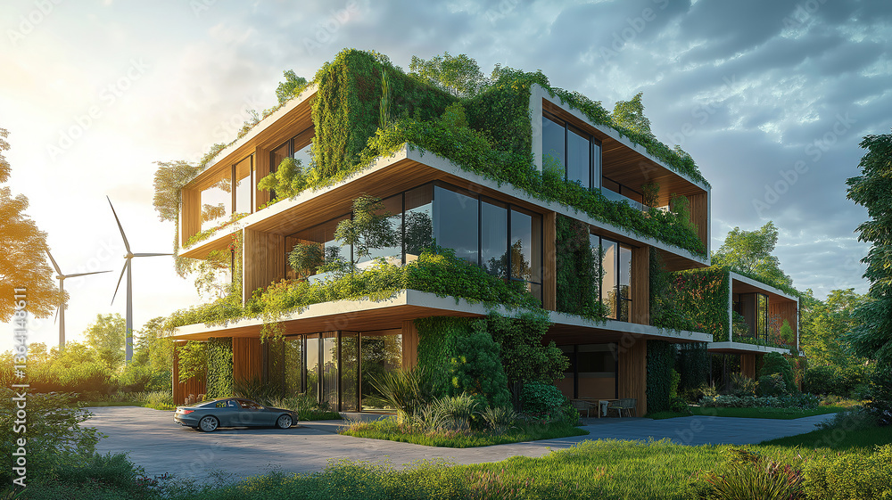 Modern eco-friendly housing with wind turbines and lush greenery promoting sustainable living Modern eco-friendly housing with wind turbines and lush greenery promoting sustainable living