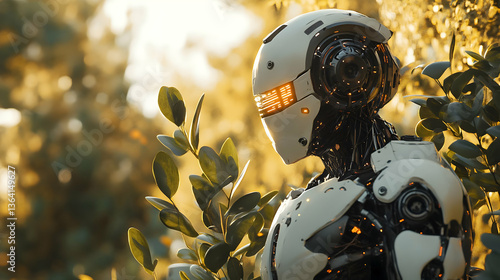 A serene android contemplates nature's beauty in a sun-drenched forest, bathed in warm golden light.