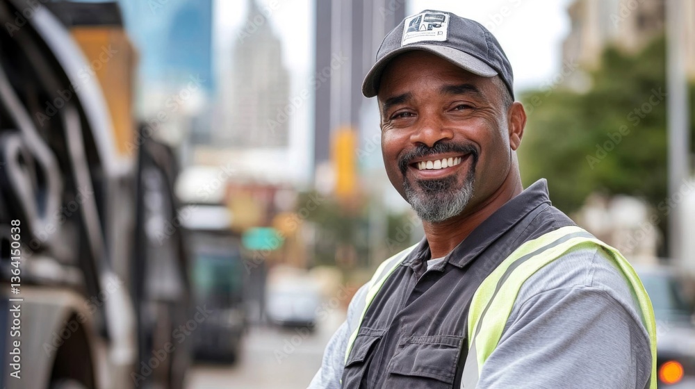 Smiling Waste Management Professional in Reflective Vest on City Street Portrait Smiling Waste Management Professional in Reflective Vest on City Street Portrait