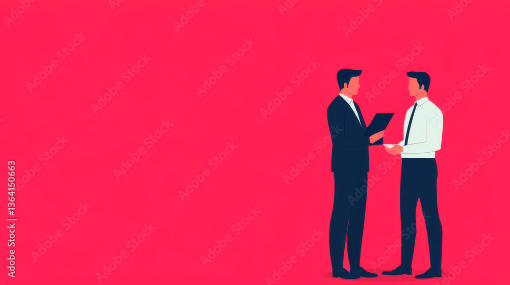 Two professionals discussing career development on vibrant red background Two professionals discussing career development on vibrant red background