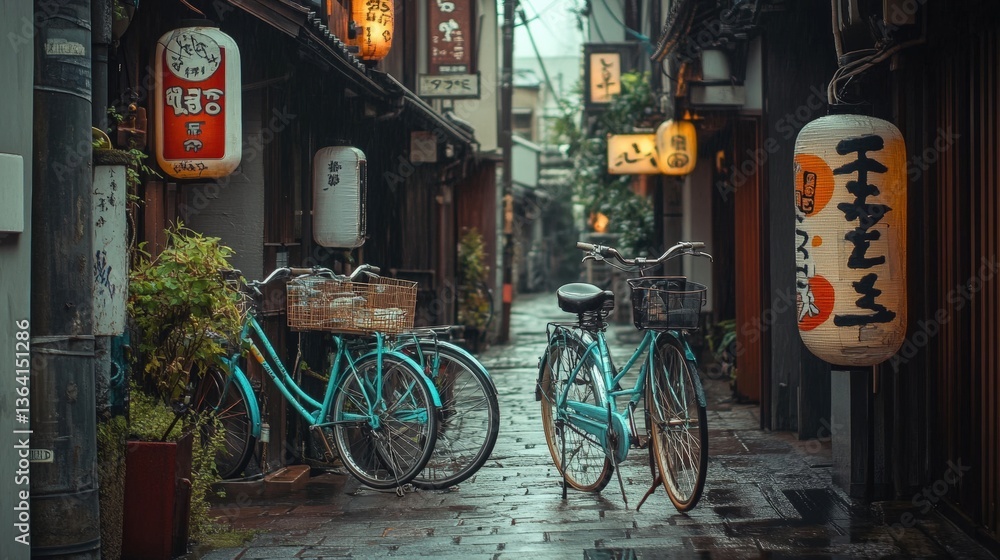 Fototapeta premium Exploring quiet alleys with bicycles kyoto photography urban scene eye-level cultural vibe