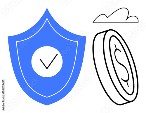 Blue shield with checkmark beside a dollar coin and cloud outline. Ideal for finance, insurance, security, wealth management, investment, cybersecurity. Flat simple metaphor