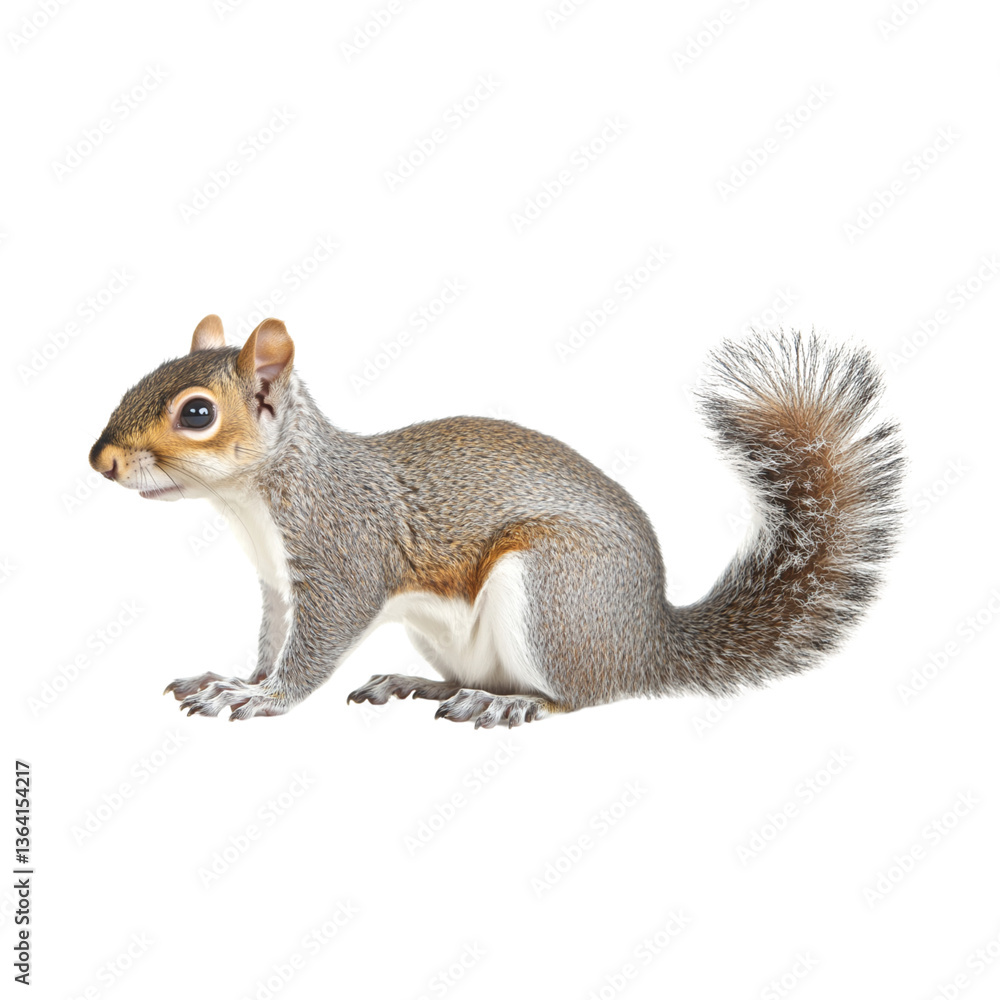 Squirrel with bushy tail, sitting and looking curiously Squirrel with bushy tail, sitting and looking curiously