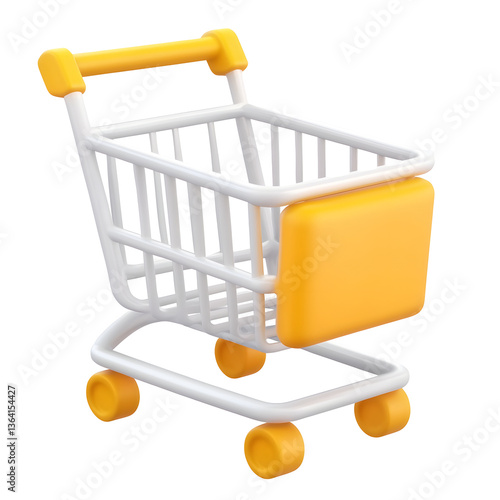 A 3D rendered simplified shopping cart icon with a clean minimalist aesthetic and contemporary professional appearance on a white transparent background