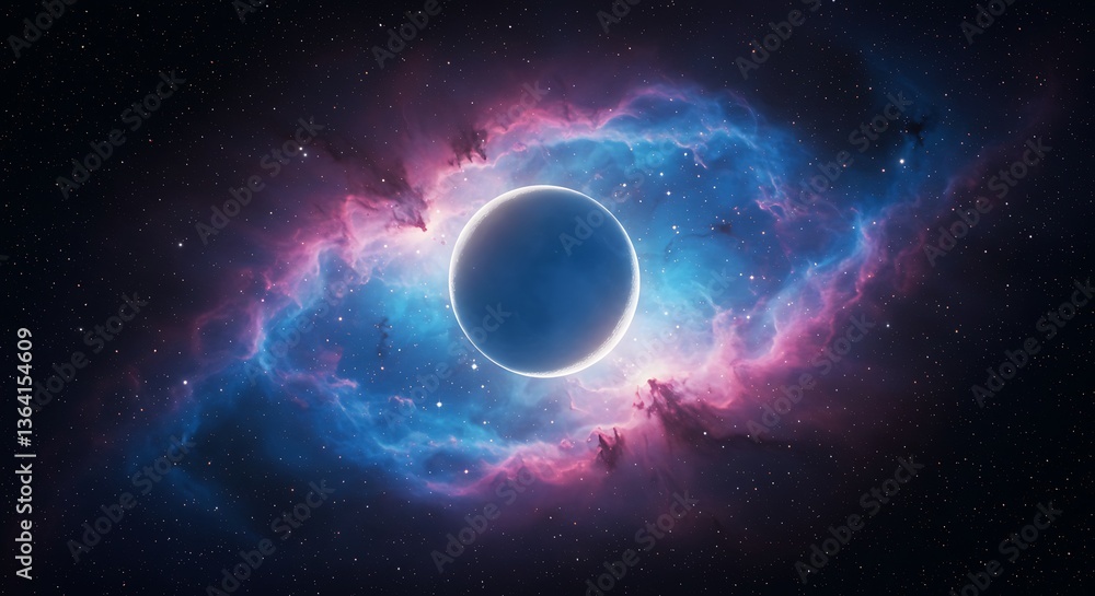 Fototapeta premium Planet Shining in Nebula Space Scenery with Stars and Colorful Clouds