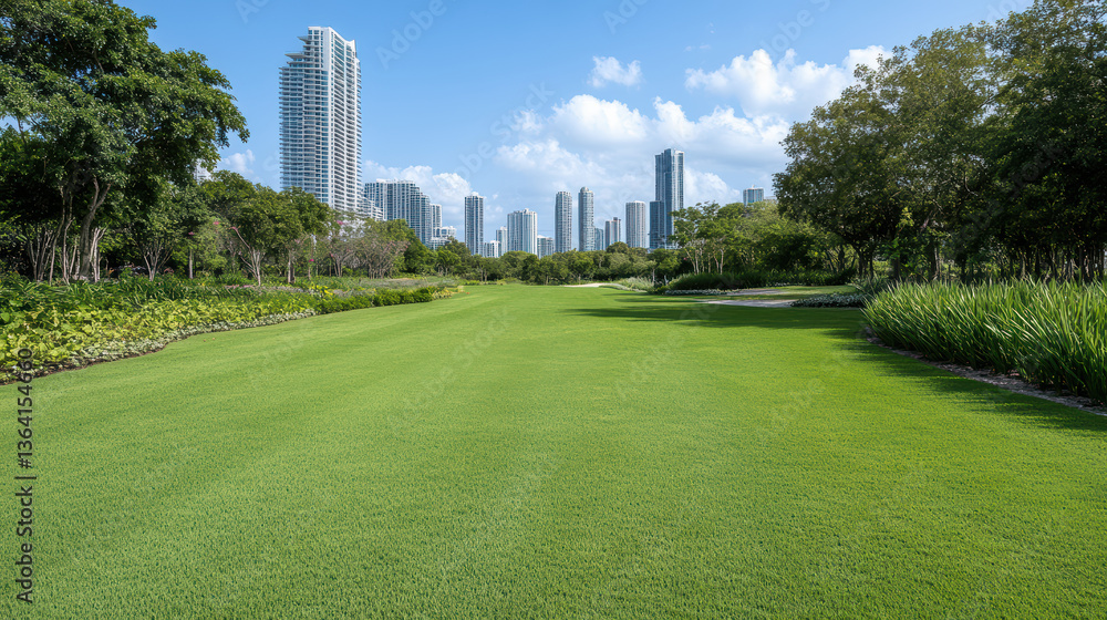 Lush green park with skyscrapers in background, creating serene urban escape Lush green park with skyscrapers in background, creating serene urban escape