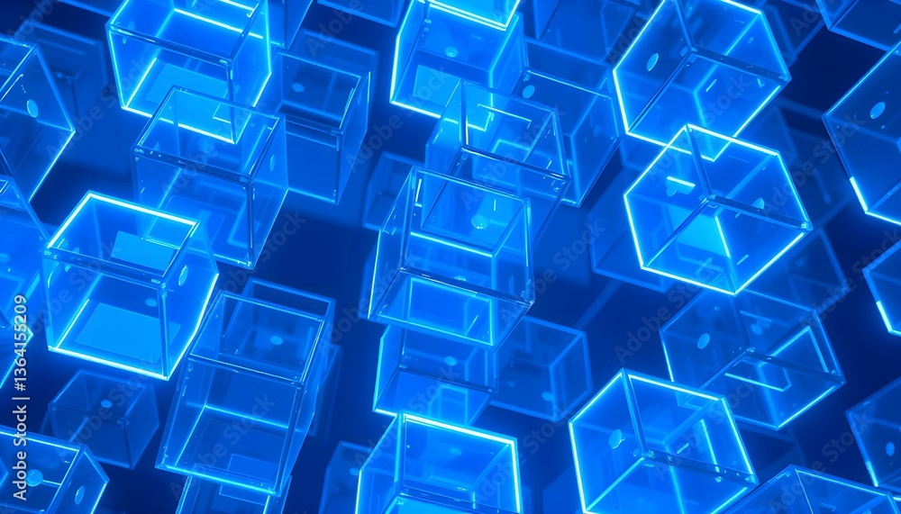 Naklejka premium Luminous Blue Cubes Floating in a Dark Enigmatic Space