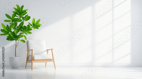 Minimalist interior with a cozy chair and potted plant