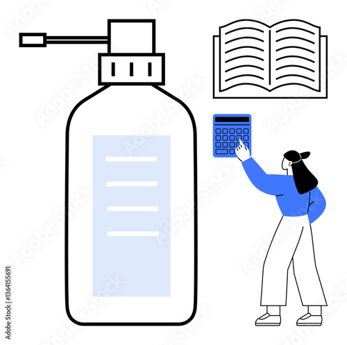 Large bottle with dispenser, open book, and woman pressing a calculator button. Ideal for education, study, organization, hygiene, counting learning tips healthy lifestyle. Flat simple metaphor