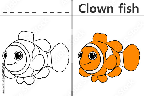 Clown fish coloring pages for kids and learn to recognize letters, animal recognition card media for various games in early childhood learning