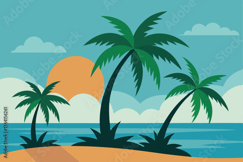 Tropical Serenity: Capturing the tranquil beauty of a tropical landscape with palm trees against a backdrop of blue sea, an orange sun, and fluffy clouds. This scene exudes peace and warmth.
