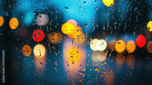 Rainy evening traffic lights reflected on window glass urban setting photography mood close-up