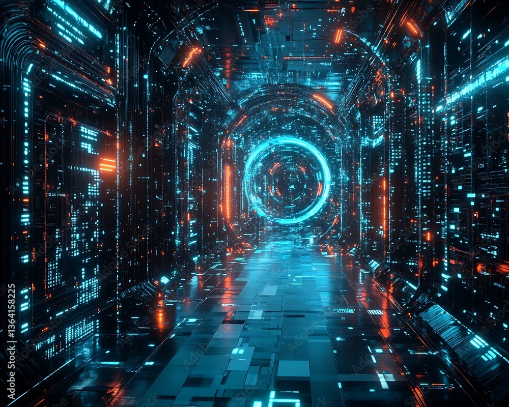 A futuristic tunnel with glowing lights and digital patterns A futuristic tunnel with glowing lights and digital patterns