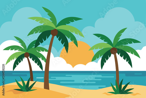 Tropical Paradise Illustration: A vibrant illustration depicts a sun-drenched beach scene with palm trees swaying gently in the breeze.