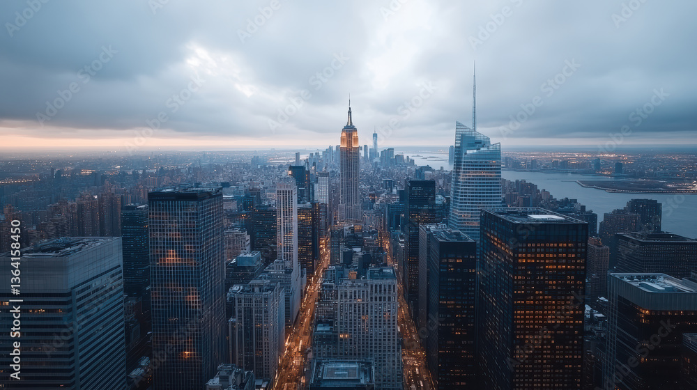 Fototapeta premium stunning aerial view of megacity skyline dusk, showcasing towering skyscrapers and vibrant city