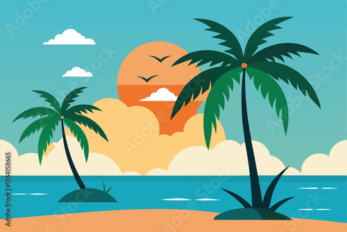 Tropical Paradise Illustration: A vibrant illustration of a serene tropical beach scene, featuring two palm trees gently swaying in the breeze, an orange sunset over the ocean, and a touch of sky